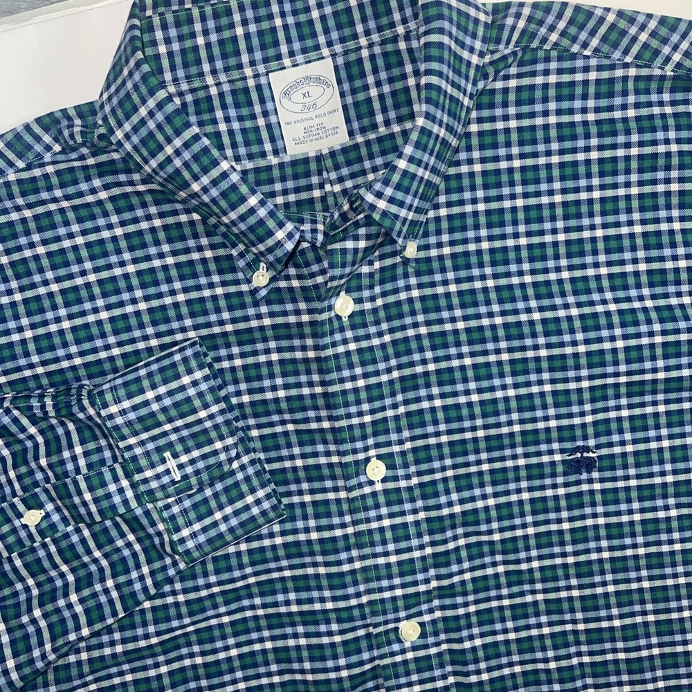Brooks Brothers 346 Long Sleeve‎ Shirt Mens Sz XLarge Green Blue Plaid Button Up